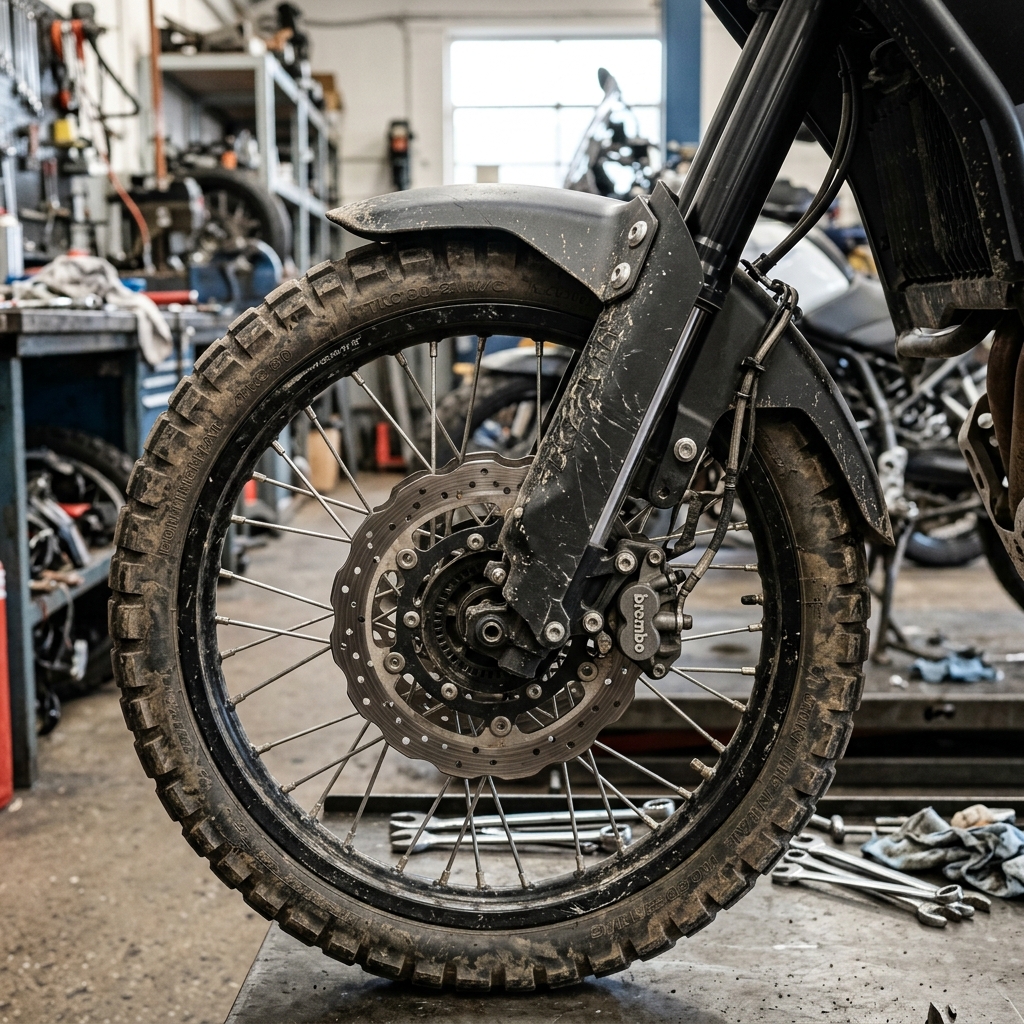 Serwis zawieszenia i wymiana opon w motocyklu turystycznym typu Adventure w Orange Garage Księżyno